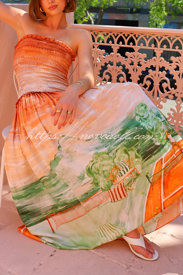 Fairy Tale Town Sunset Unique Print Off Shoulder Smocked Maxi Dress