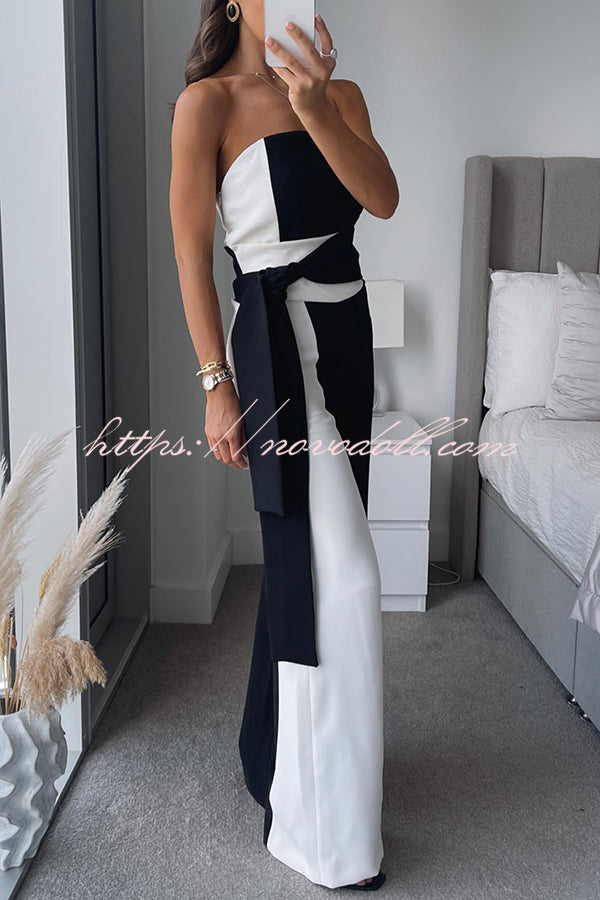 Fashionable for Formal Color Block Tie-up Bandeau Wide Leg Jumpsuit