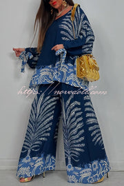 Unique Print Loose Drawstring Long Sleeve Top and Elastic Waist Casual Pocket Wide Leg Pants Set