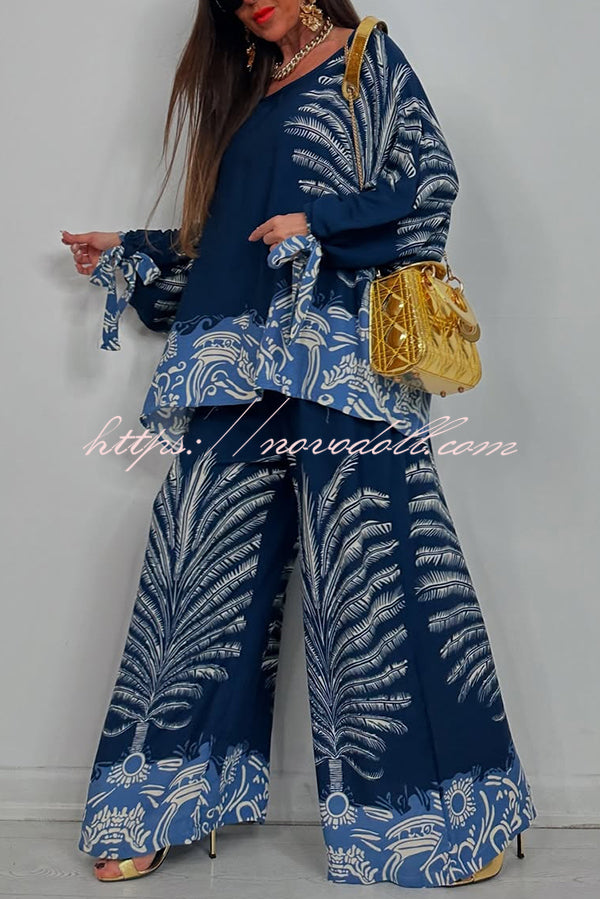 Unique Print Loose Drawstring Long Sleeve Top and Elastic Waist Casual Pocket Wide Leg Pants Set