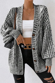 Fashionable Mixed-color Loose-fitting Lantern Sleeve Mid-length Knitted Cardigan