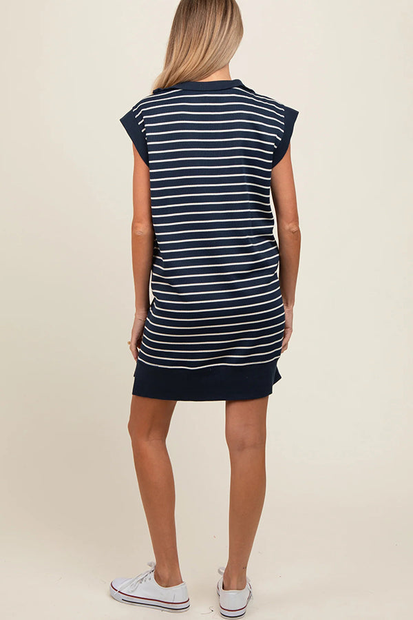 Striped Print Zipper Lapel Sleeveless Casual Mini Dress