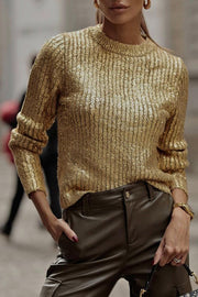 Festival Feels Golden Crew Neck Knitted Bronzing Long Sleeved Sweater