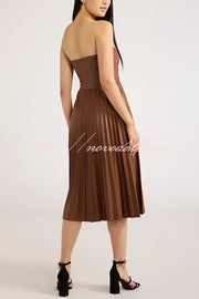 My Juliet Faux Leather Off Shoulder Strapless Pleated Stretch Midi Dress