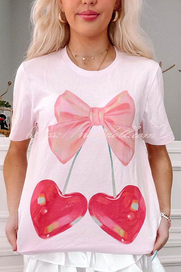 Cherry Bow Print Loose Casual Short Sleeve T-shirt