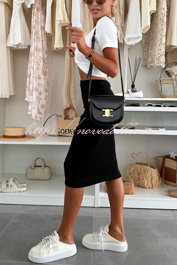 Perfect Basics Ribbed Knit Elastic Waistband Stretch Midi Skirt
