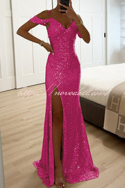 Prom Dreamland Sequin Cold Shoulder Ruched Slit Maxi Dress