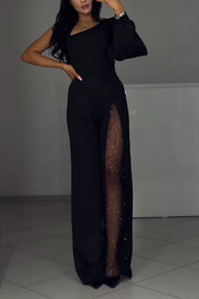 Fashionable Oblique Shoulder One-sleeve Sexy High Slit Slim Jumpsuit