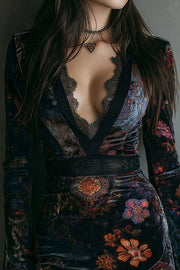 Elegant Velvet Floral Print V-neck Long-sleeved Slim-fit Mini Dress