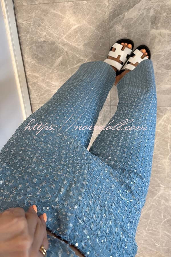 Fashionable Look Denim Sequin Textured High Rise Pocket Straight Jeans