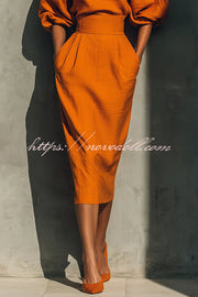 Linen Blend Round Neck Balloon Sleeve Top and High Waist Casual Pocket Midi Skirt Set