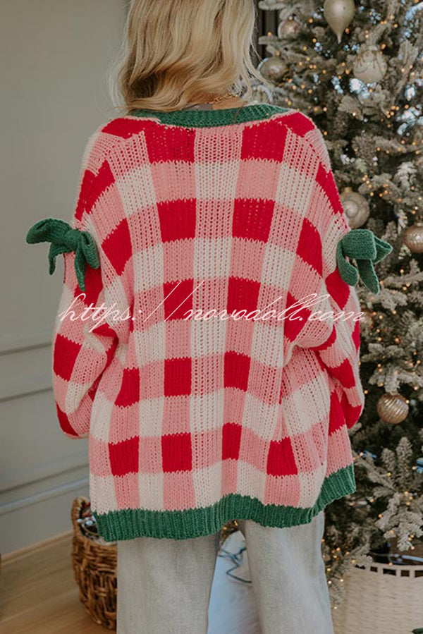 Holiday Cozy Checkered Knit Color-blocked Plaid Bow Long-sleeved Cardigan