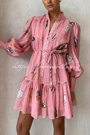 Unique Print Single Breasted Balloon Sleeve Tie Waist Ruffled Mini Dress