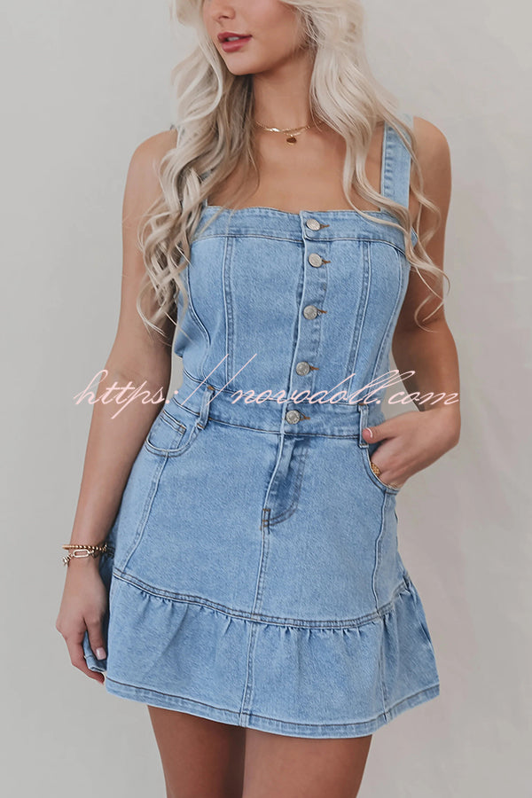 Solid Square Neck Suspender Button Pocket Denim Mini Dress