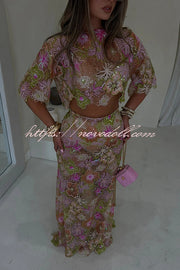 Fashionable Embroidered Flower Sequined Crop Top and Elegant Sheer Maxi Skirt Set