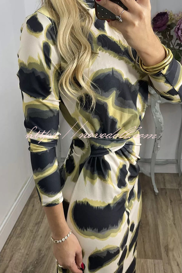 Kiele Unique Print Turtleneck Twist Detail Long Sleeve Stretch Midi Dress