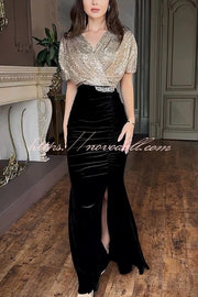 Elegant V-neck Sequined Velvet Stitching Sexy Slit Maxi Dress