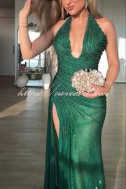 Edeita Sequin Pleated Design Deep Halter U-neck Slit Drape Gown Maxi Dress