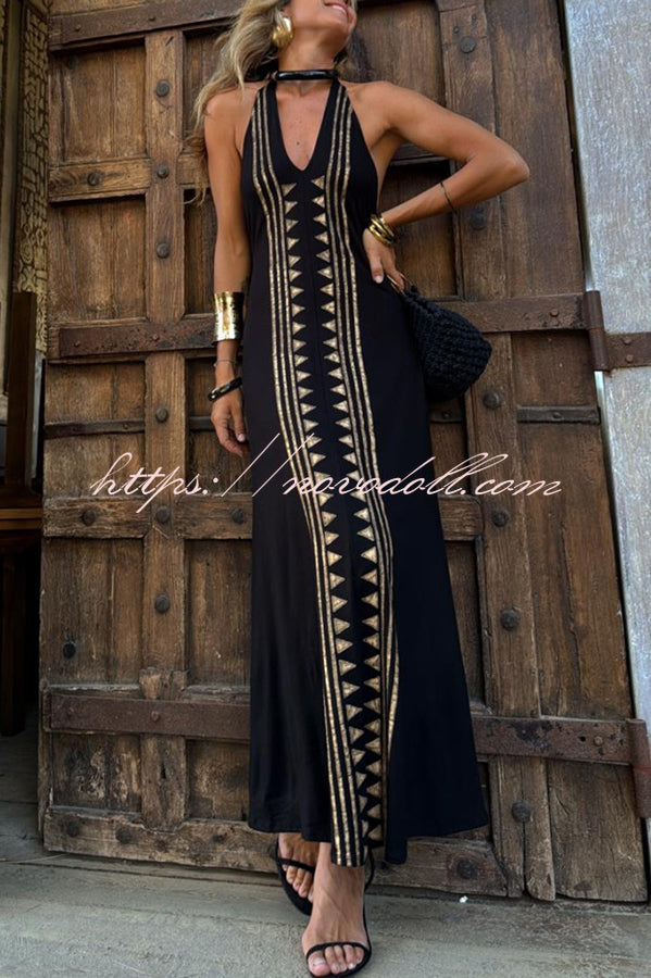 Meret Gold Geometric Print Halter Backless Stretch Maxi Dress