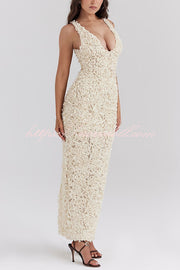 Champagne Party Rose Floral Applique Slit Pencil Maxi Dress