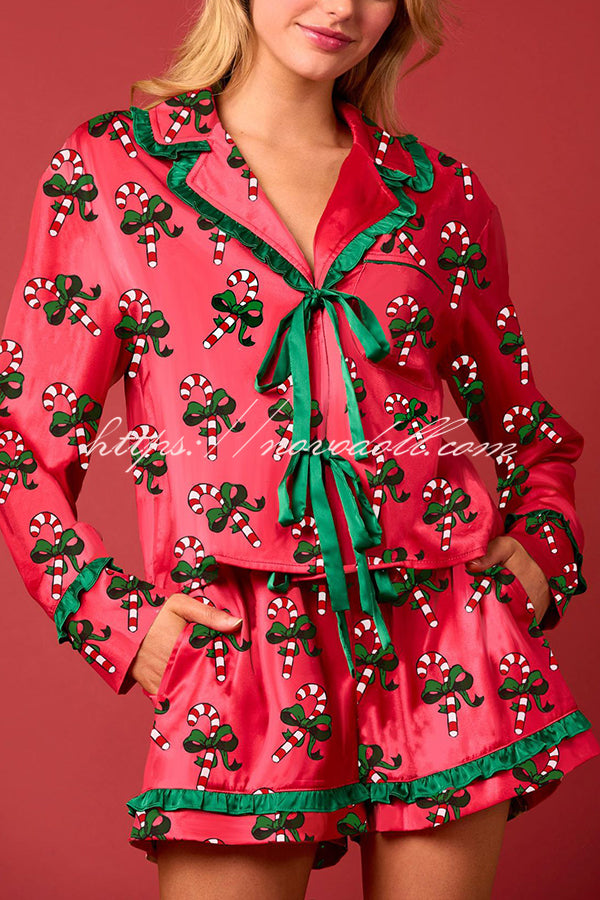 Christmas Holiday Print Bow Tie Long Sleeve and Elastic Waist Loose Shorts Set