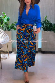 Ocean Heart Linen Blend Printed Ruched Hem Blouse and Belted High Rise Pocket Loose Pants Set