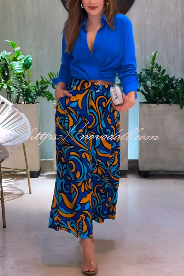 Ocean Heart Linen Blend Printed Ruched Hem Blouse and Belted High Rise Pocket Loose Pants Set