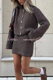 Fashion Lapel Bell Sleeve Knitted Cardigan and Casual Mini Skirt Set