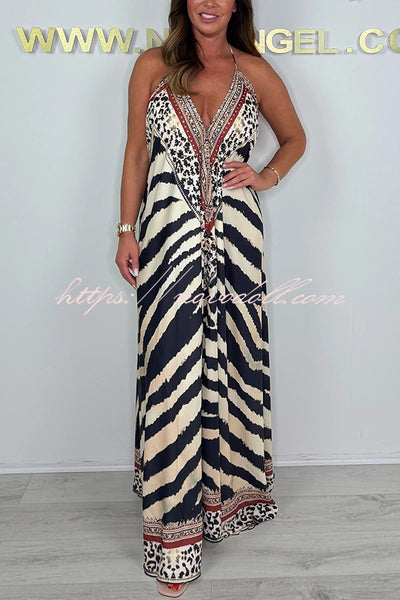 Zebra Print V-neck Open Back Loose Maxi Dress