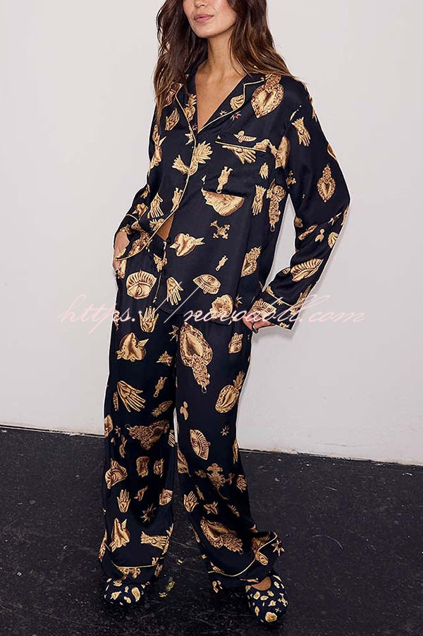Golden Night Unique Print Color-block Trim Loose Shirt and Elastic Waist Pocketed Pajama Set