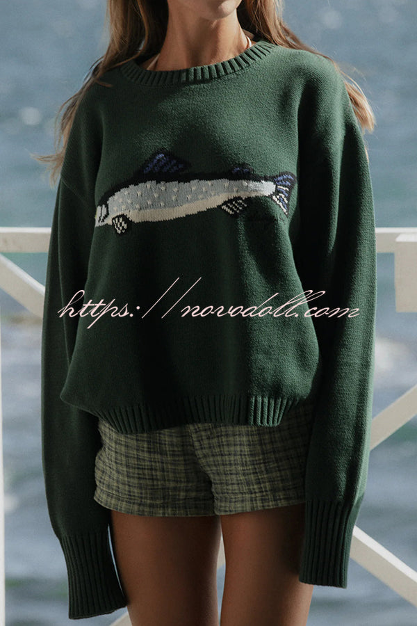 Fashionable Fish Pattern Round Neck Loose Knitted Sweater