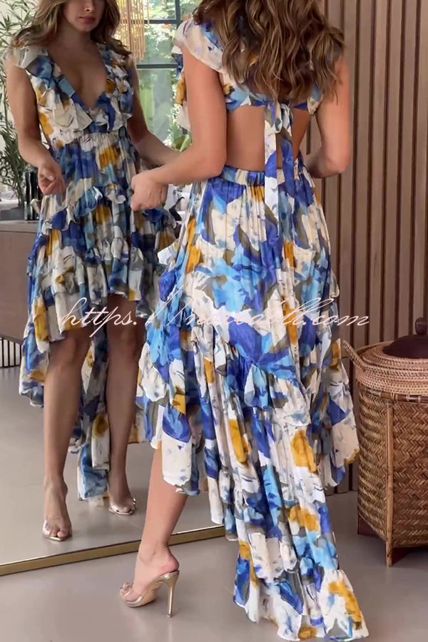 Boho Floral Print Sexy V-neck Backless Resort Maxi Dress