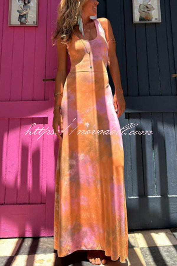 La Bamba Tie-dye Print Back Lace-up Stretch Maxi Dress