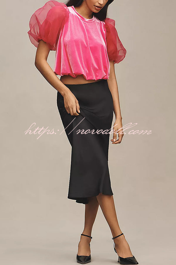 Blissful Smile Velvet Tulle Puff Sleeve Loose Blouse