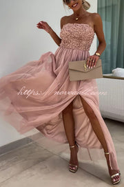 Romance and Lightness Tulle Floral Texture Pleated Patchwork Strapless Slit Maxi Dress