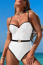 Fashionable Contrast-color Overlock Stretch One-piece Swimsuit