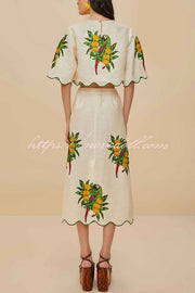Parrot Print Round Neck Loose Crop Top and Elastic Waist Pocket Casual Midi Skirt Set