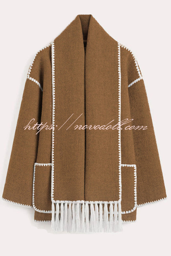 Stylish Loose Pocket Long Sleeve Coat and Warm Fringed Scarf