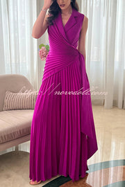 Solid Color Lapel Sleeveless Waist Tie Pleated Wide-leg Jumpsuit