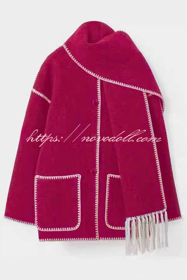 Stylish Loose Pocket Long Sleeve Coat and Warm Fringed Scarf