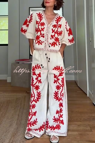 Till Sunset Linen Blend Unique Print Elastic Waist Pocket Wide Leg Pants
