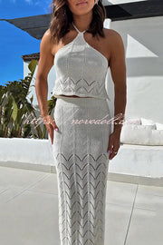 Solid Knit Hollow Halter Top and Stretch Fit Maxi Skirt Set