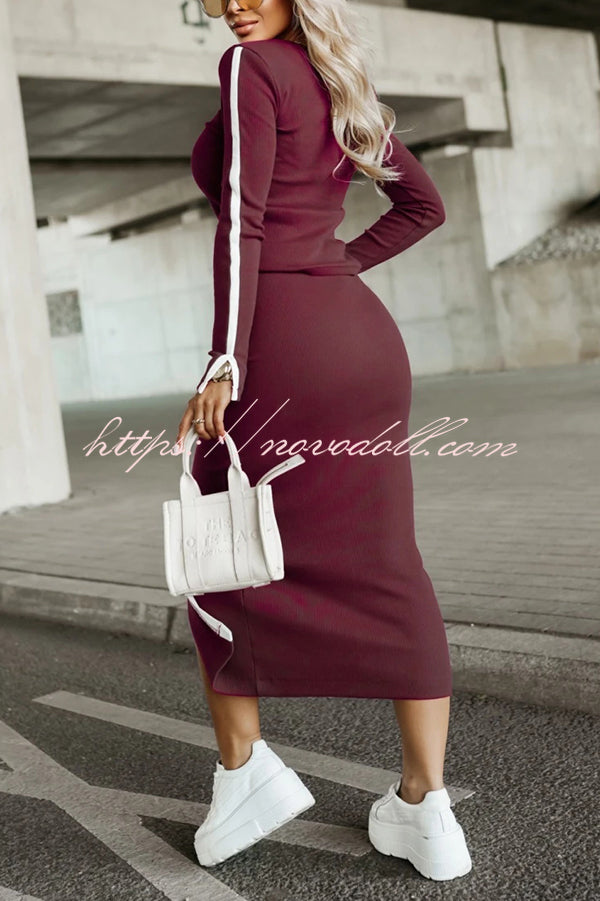 Stylish Paneled Long Sleeve Crew Neck Top and Elastic Waist Slit Midi Skirt Set