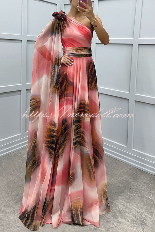 Lucia Unique Print Floral Detail One Shoulder Draped Sleeve Gown Maxi Dress