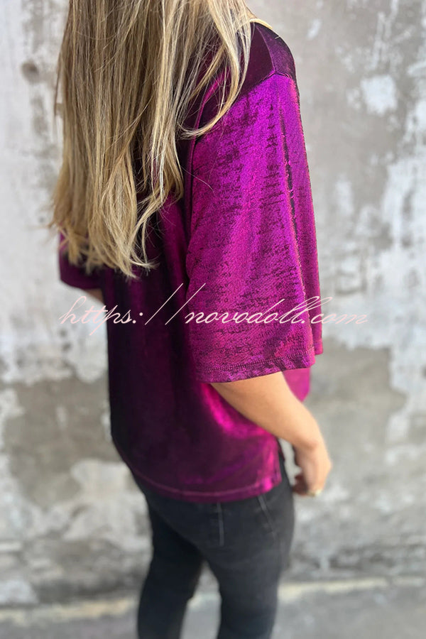 Metallic Solid Color Round Neck Short-sleeved Loose T-shirt