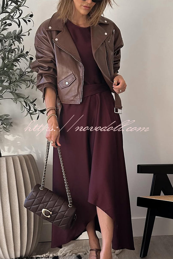 Fashion Lapel Long Sleeve Casual Zipper Pocket Leather Jacket