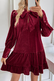 Vintage Velvet Bow Tie Neck Long Sleeve Loose Mini Dress