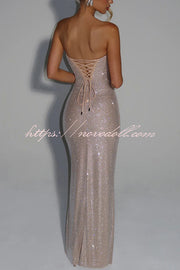 Mirabella Sequin Pleated Cowl Scooped Neckline Back Lace-up Strapless Maxi Dress