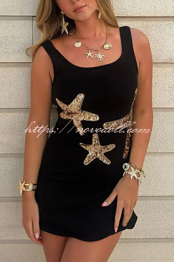 Beachside Dreams Starfish Sequin Wave Hem Stretch Tank Mini Dress