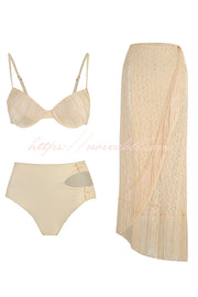 Solid High Waist Stretch Two-Piece Bikini and Fringed Cover Up Set